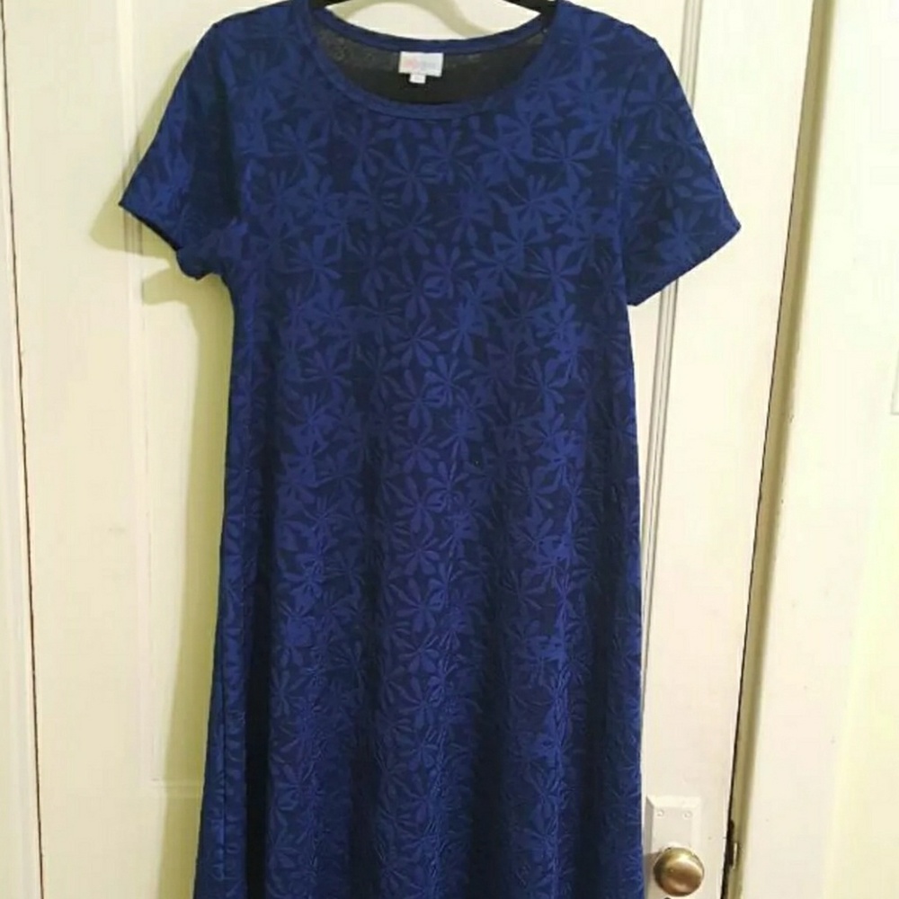 Lularoe Carly, Blue Embossed Floral Dress